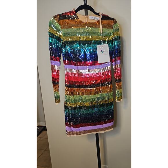 Mac Duggal 93724 Sequin Rainbow Striped Cocktail Dress | Long Sleeve Mini - Picture 2 of 6